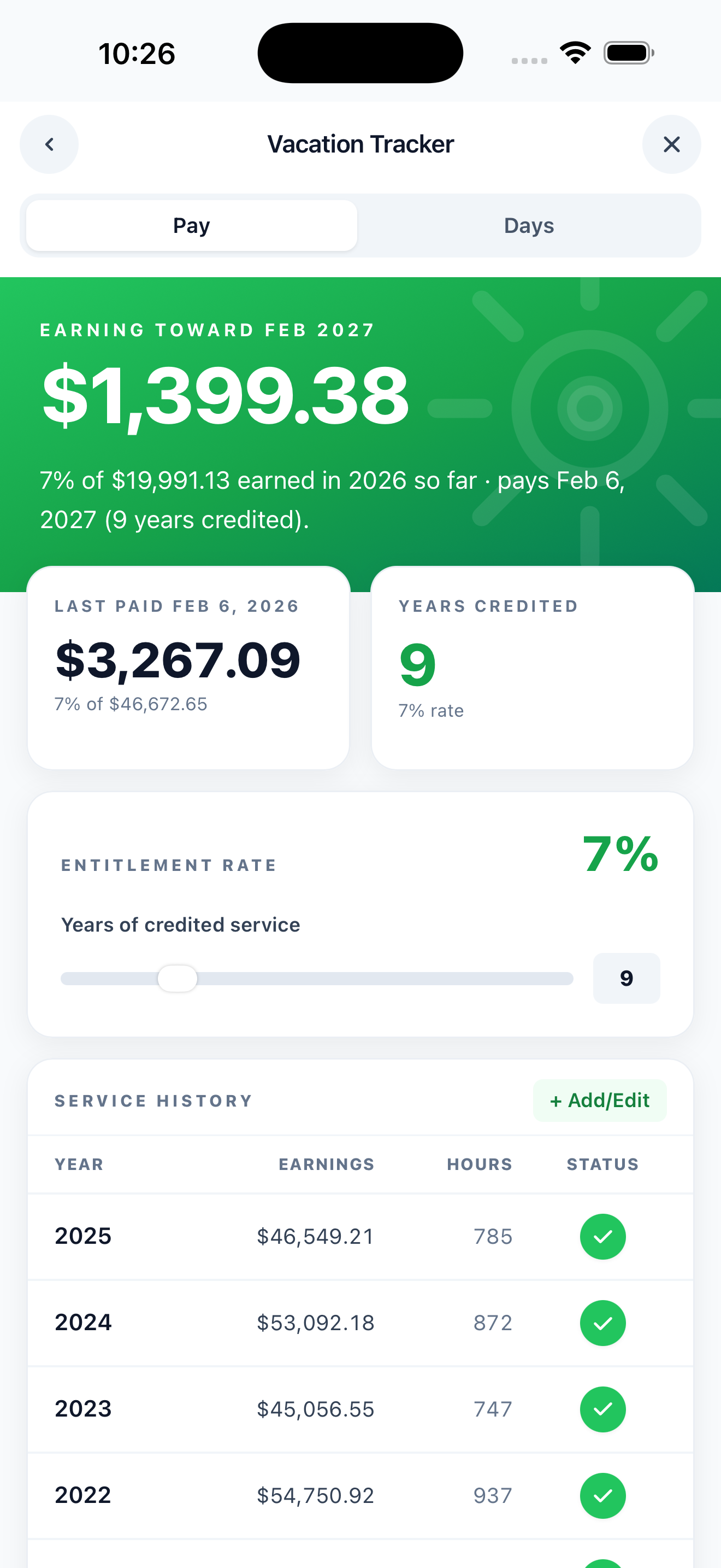 Vacation tracker showing 7 percent entitlement, 9 years credited service, current accrual of 1,273 dollars payable February 2027