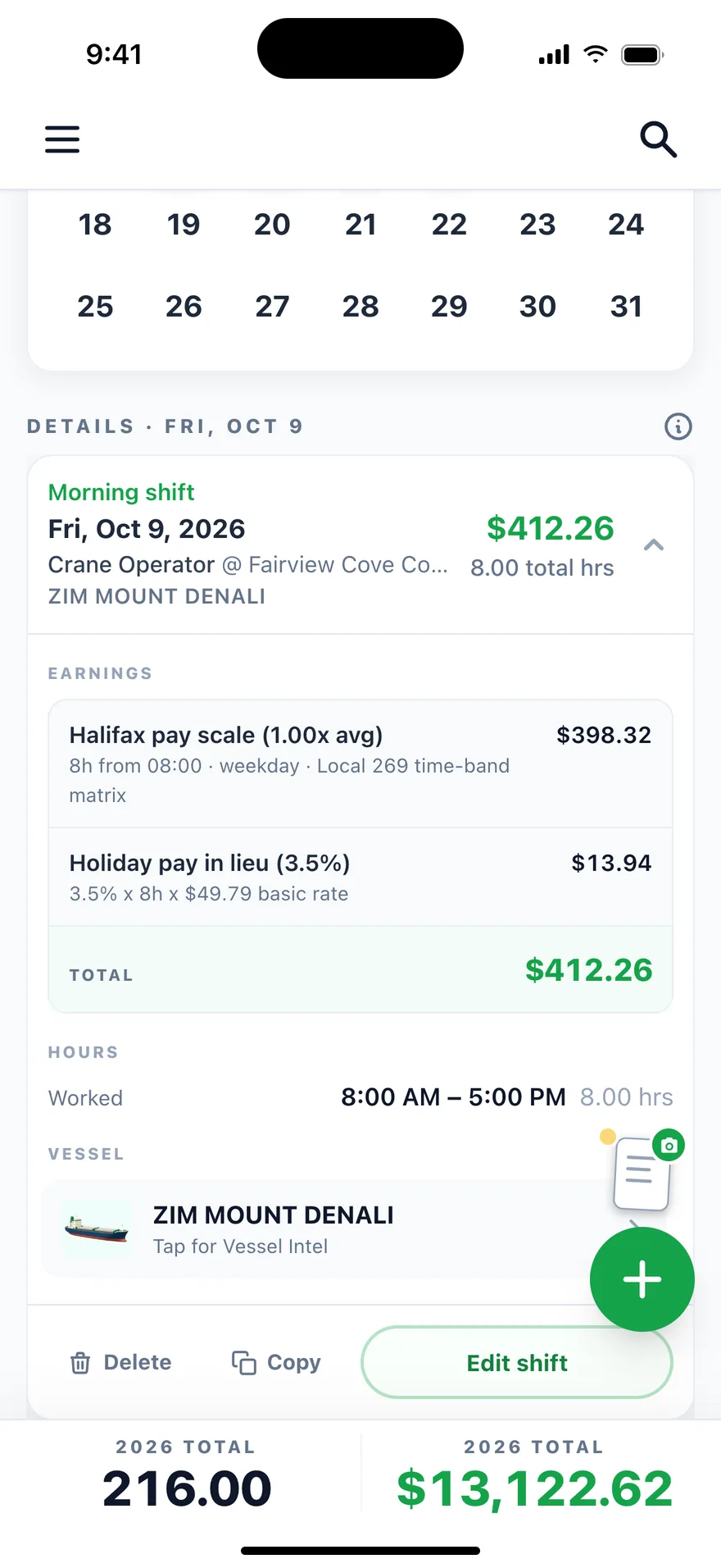 A Halifax Local 269 Crane Operator shift at Fairview Cove priced on the Halifax time-band pay scale, $398.32 plus 3.5% holiday pay in lieu, total $412.26 Canadian