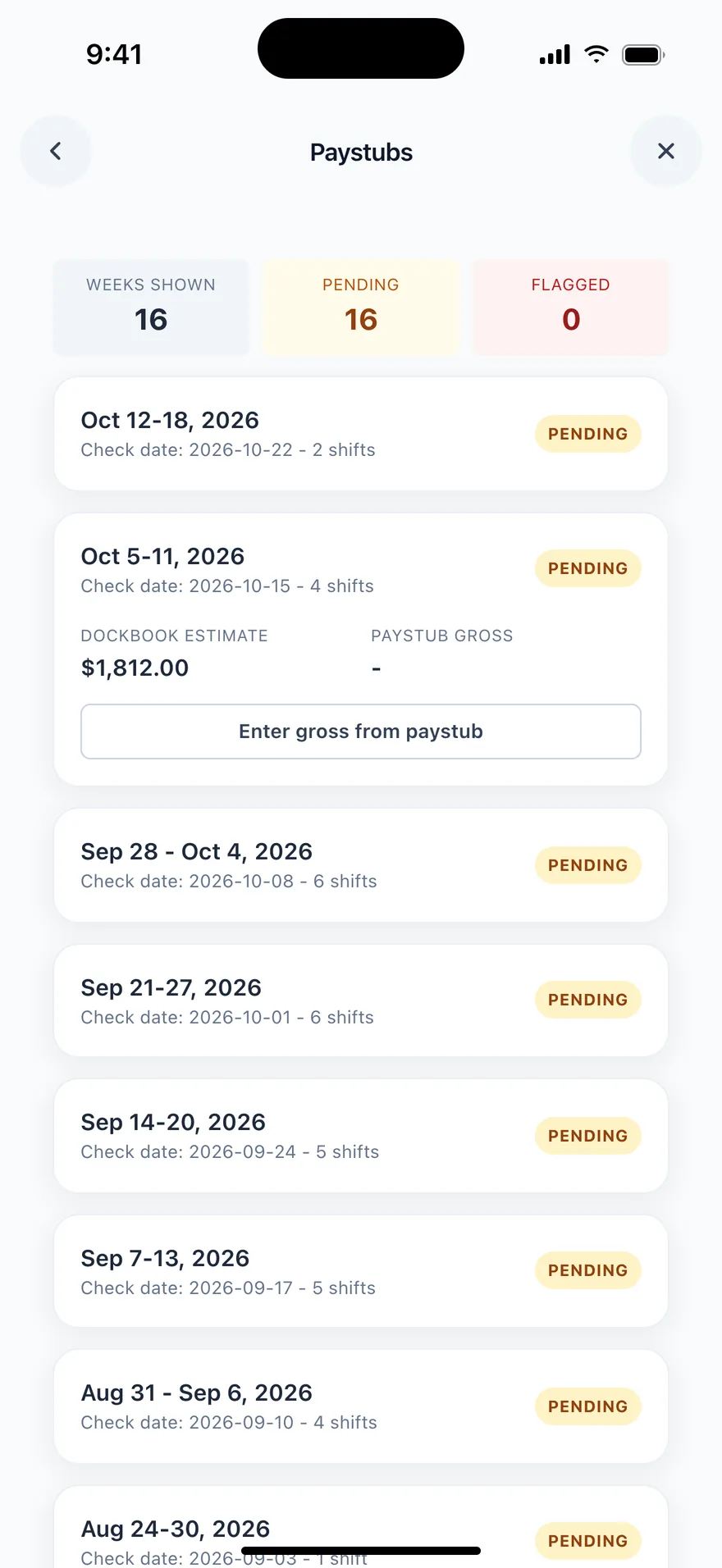 DockBook Paystubs for an ILA member: each weekly check listed, with the DockBook estimate of $1,812.00 for one week and a button to enter the gross from the paystub
