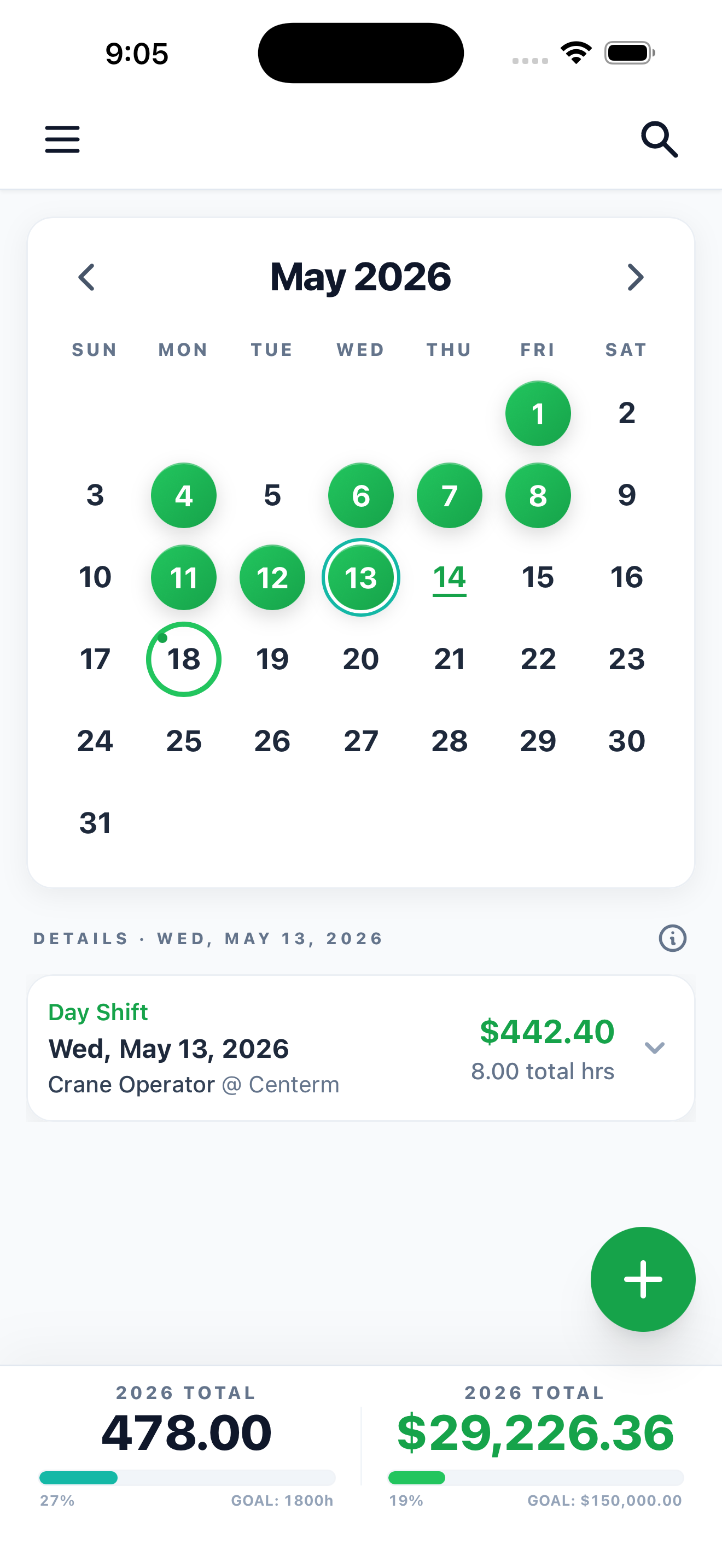 DockBook calendar with BCMEA shifts logged and YTD earnings