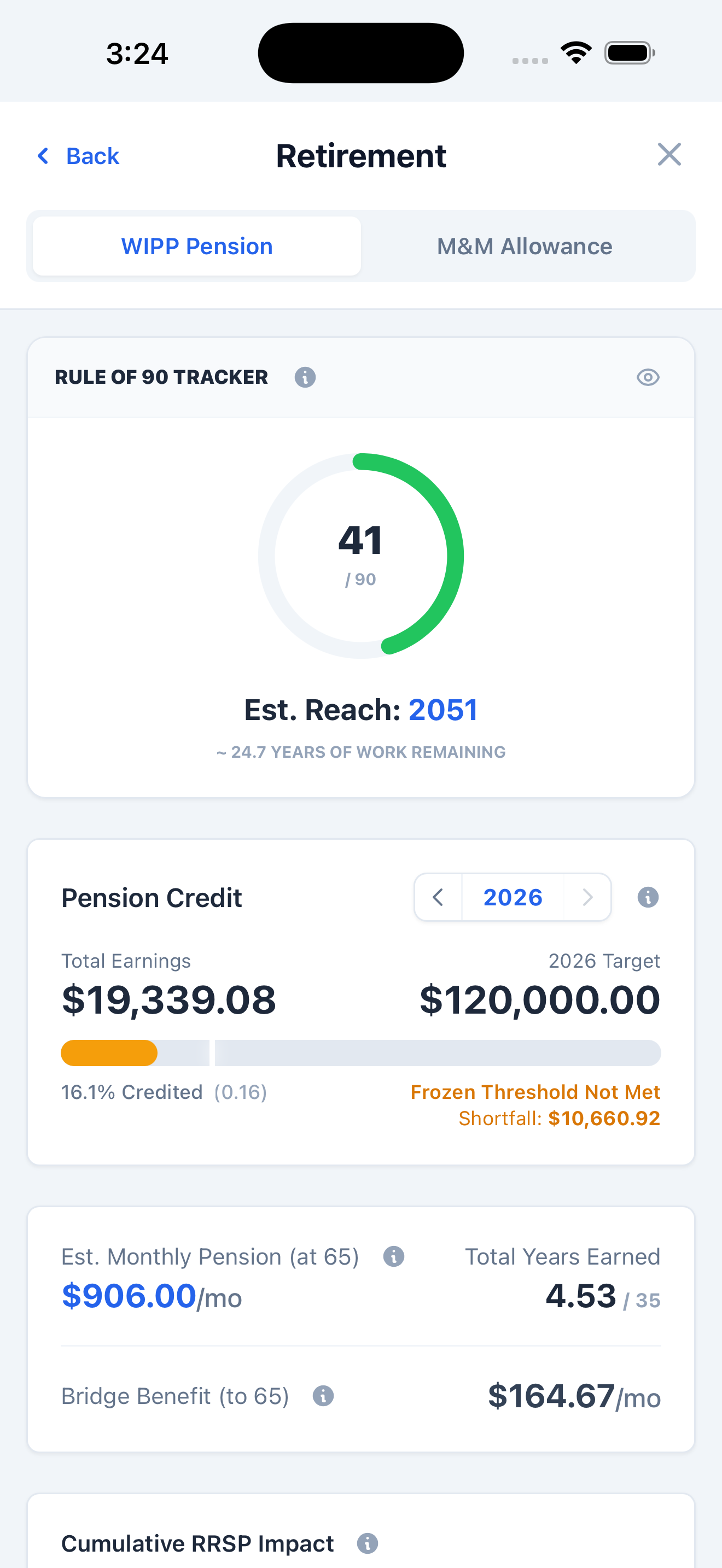 DockBook retirement screen showing pension credit, years of service, and projected monthly benefit