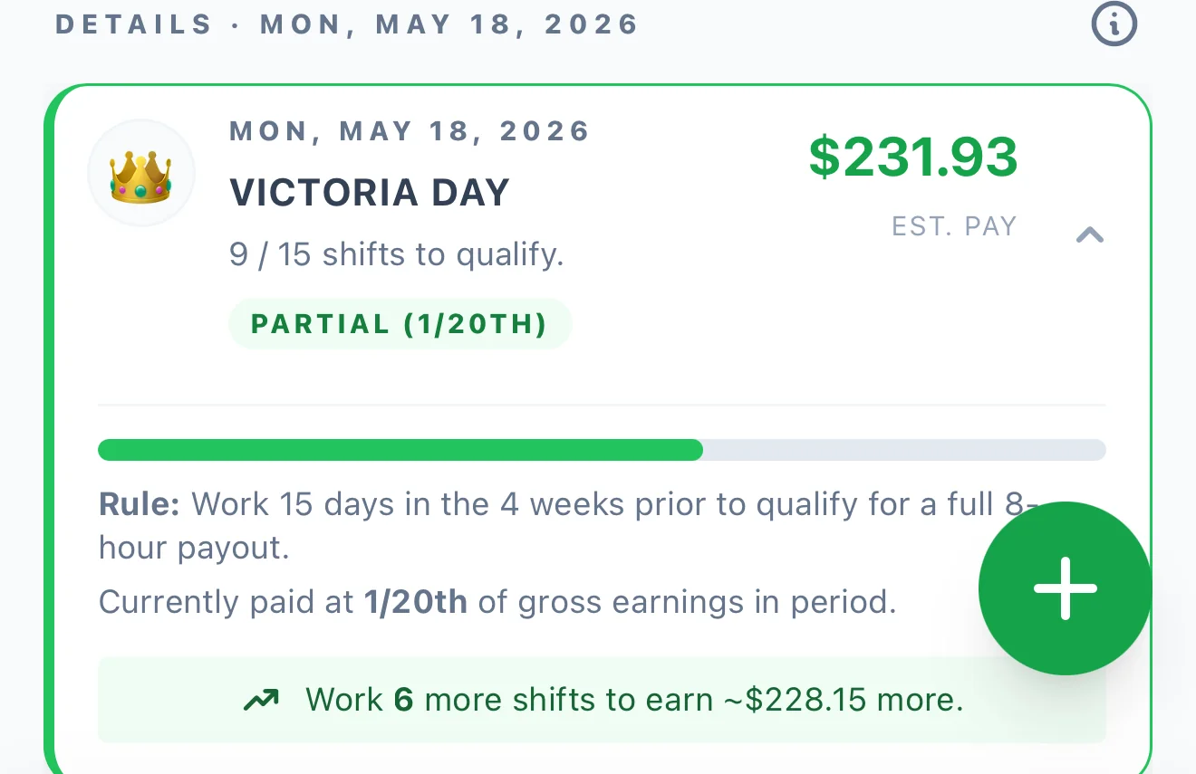 DockBook calendar stat-holiday card for Victoria Day showing 9 of 15 shifts to qualify, a partial 1/20th payout, and the qualification rule