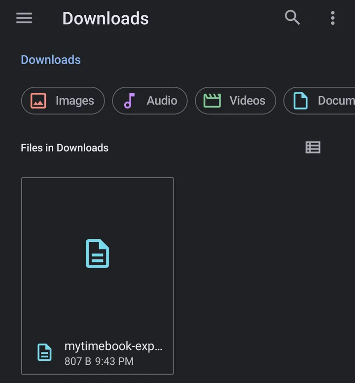 Android Files app showing the My TimeBook export CSV in the Downloads folder