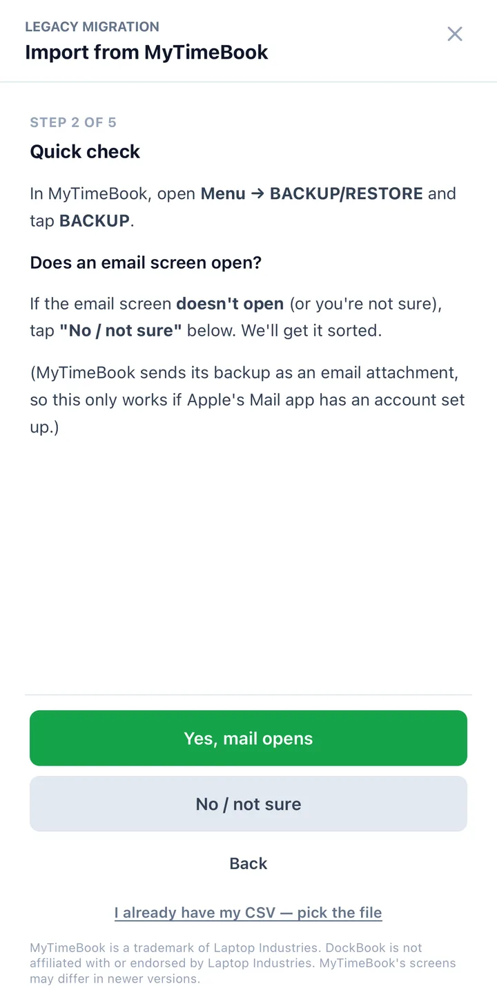 DockBook's in-app import guide on iPhone asking whether the My TimeBook backup opens an email screen