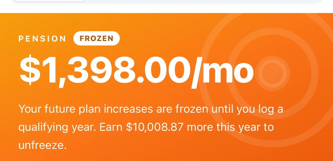 DockBook retirement screen showing a frozen pension and the dollars still needed this year to unfreeze it