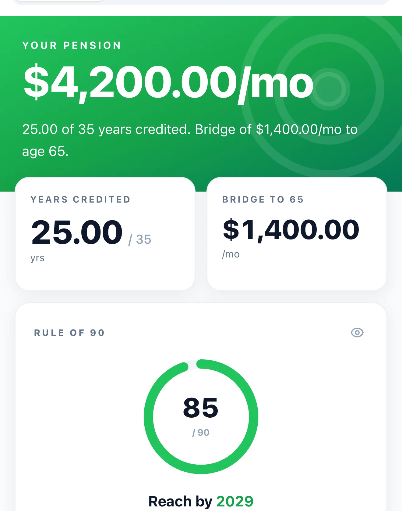 DockBook BCMEA retirement screen showing projected monthly pension, years credited, the bridge benefit, and Rule of 90 progress